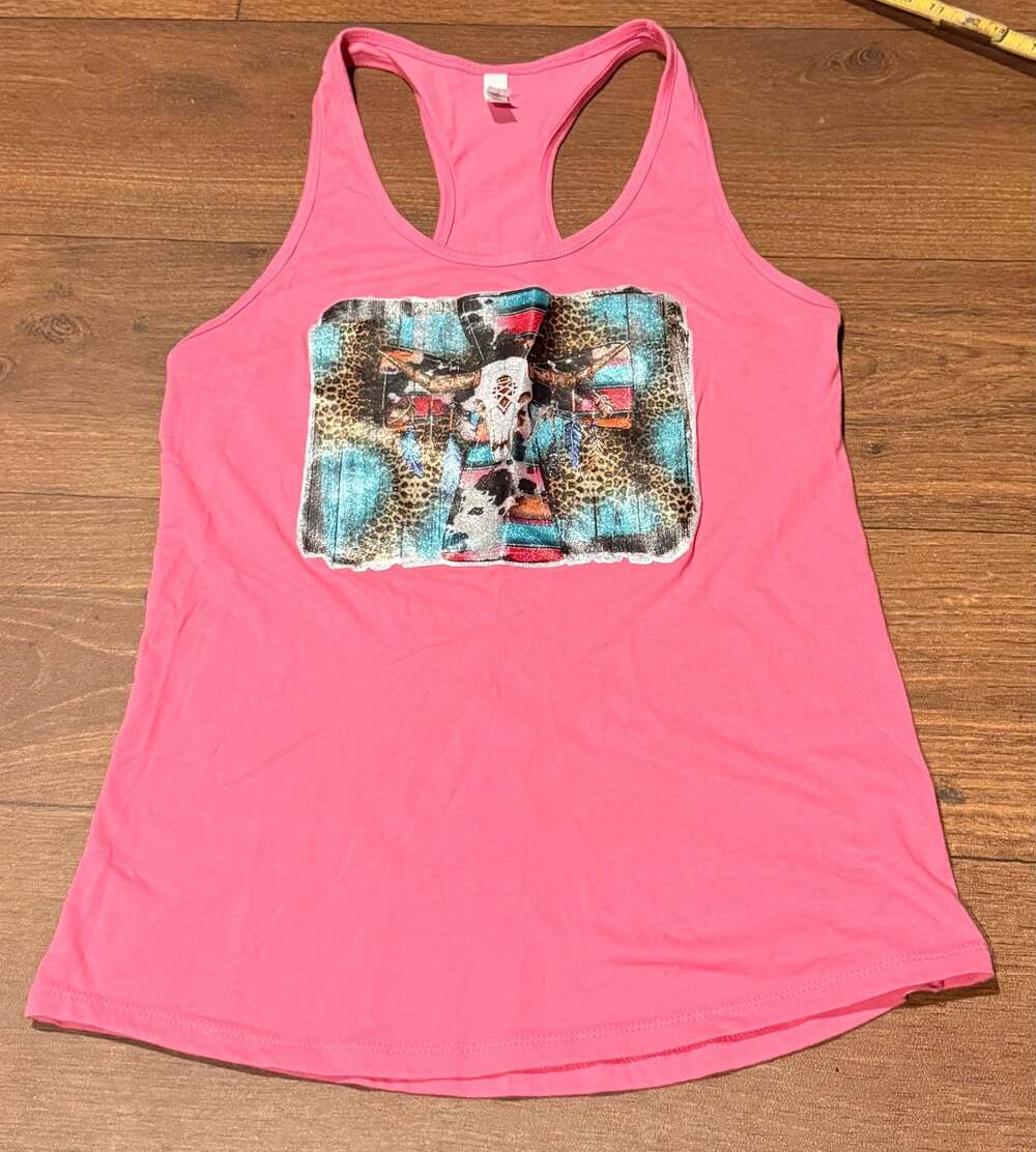Ideal T Women's Pink Graphic Racerback Tank Top Size XL Cow Skull Western